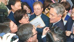 스크럼 짠 한국당, 회의실 봉쇄… 文의장 33년만에 경호권 발동