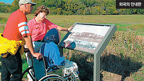 펜스 너머 잔디밭에 안내판… “휠체어 앉아 어떻게 보나요”