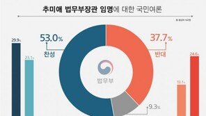 추미애 법무부장관 임명, 찬성 53% vs 반대 38%