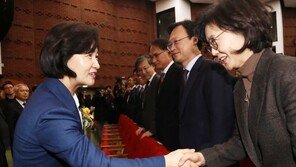 추미애 취임식 ‘여유만만’…‘윤석열 오른팔’ 한동훈 참석