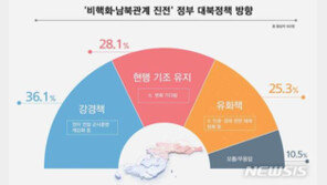 정부 대북정책 추진 방향…‘강경책’ 36.1% vs ‘현행 유지’ 28.1%
