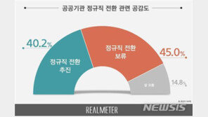 공공기관 정규직 전환 “보류해야” 45% vs “계속 추진” 40%