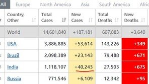 인도 진단검사 최하위권임에도 일일 확진 4만명 돌파… 연일 사상최다