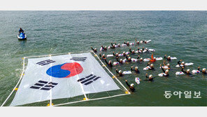 광복 75돌… 대형 태극기 밀며 바다 수영