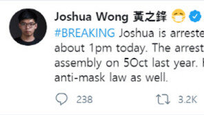 ‘홍콩 민주화 운동 상징’ 조슈아 웡, 또 전격 체포…홍콩보안법 적용되나
