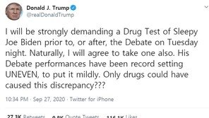 트럼프, 첫 TV토론 앞 바이든에 “약물검사 받자…농담 아냐”