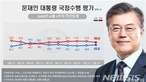 文대통령 지지율 45.8%…민주당 32.2%, 국민의힘 29.6%