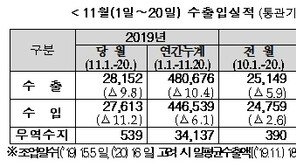 11월 1∼20일 수출, 전년비 11.1%↑…일평균도 7.6%↑