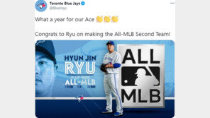 “에이스 축하해” 토론토, 류현진 올-MLB 세컨드팀 선정 축하