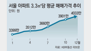 작년 12월 서울 아파트값 3.3m²당 4000만원 넘었다