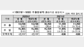 1월1~10일 수출 112억 달러…전년동기대비 15.4% 감소
