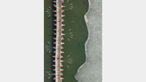 얼음 녹아내린 두물머리 배다리…봄이 옵니다[퇴근길 한 컷]