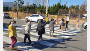 “노란색 엄마손 피켓 들고 안전하게 길을 건너요”