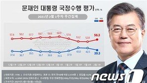 文 지지율 3주만에 30%대 하락… 부정평가 56.5% 오차범위 밖