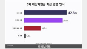 “재난지원금, 80% 지급” 42.8% vs “전국민 지급” 38.7%