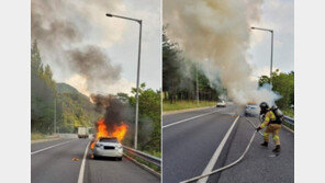 “주행중 타는 냄새”…고속도로 달리던 전기차 불나 전소