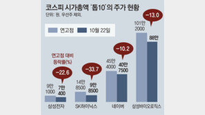 코스피 대장주들 ‘휘청’… 톱10 주가, 연 최고점보다 22% 떨어져 