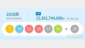1018회 로또 1등 ‘3, 19, 21, 25, 37, 45’…보너스 ‘35’
