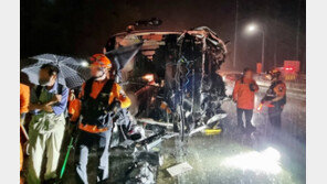 중앙고속도로 빗길에 버스 전도…27명 사상