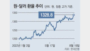 美긴축 우려에 환율 장중 1328.8원… 연고점 경신