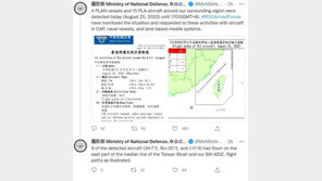 대만 국방부 “중국 군용기 5대, 25일 대만해협 중간선 넘어”