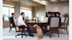 尹대통령, 은퇴 안내견 새롬이와 출근…수석들과 인사도