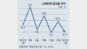 1월 소비, 고물가 여파 2.1% 감소… 3개월 연속 뒷걸음