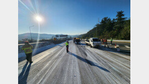 경부고속도로서 중앙분리대 들이받은 화물차 쓰러져 페인트 ‘주르르’