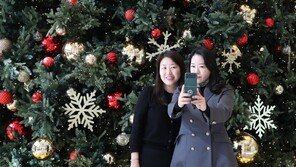 대형 트리 앞에서 “미리 메리 크리스마스” 