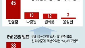 韓 45% 〉 羅+元+尹 30%… ‘문자 무시’ 논란에도 與당대표 지지율 더 벌어져