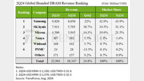 세계 D램 매출 2분기 24.8% 급증…3분기 전망도 ‘맑음’