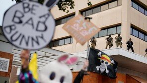 방탄복에 총 무장한 ICE요원들 앞에서… 개구리-곰 의상 평화시위 나선 포틀랜드