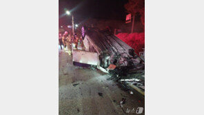 승용차, 인도 펜스 들이받고 전복 뒤 불…운전자는 도주