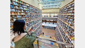 천장까지 이어지는 책장, 사진으로 남길 만하네