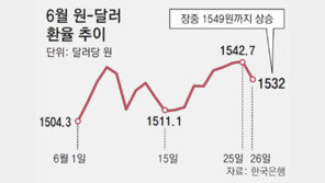 환율 한달반 가까이 1500원대… 장중 1550원 육박, 외환당국 개입한 듯