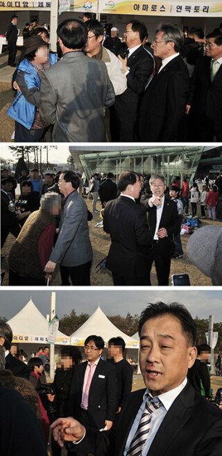 2011년 11월 12일 경기 성남시청 광장 행사장에서 이재명 당시 성남시장이 판교철거민대책위원회 회원들에게 폭행을 당했다. 당시 이 시장(오른쪽 두 번째)에게 달려드는 철거민(맨 위), 넥타이가 풀린 이 시장(가운데), 얼굴에 상처가 난 이 시장 수행비서(맨 아래) 모습. 동아DB