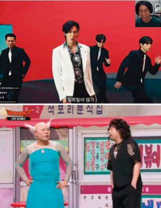 유튜버 LookSam의  ‘Thank U’ 리액션 영상(위)과 tvN 코미디빅리그 코너 ‘나의 장사일지’. 유튜브 채널 LookSam 캡처 · 유튜브 채널 tvN joy 캡처