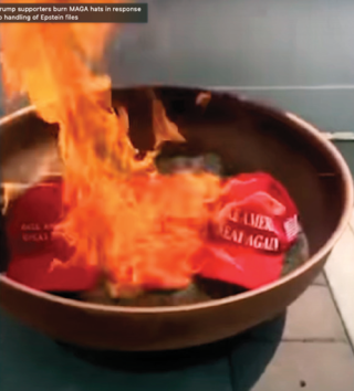 트럼프 대통령의 핵심 지지층을 상징하는 ‘마가’(MAGA: 미국을 다시 위대하게) 모자가 불타고 있다. X(옛 트위터 캡처 