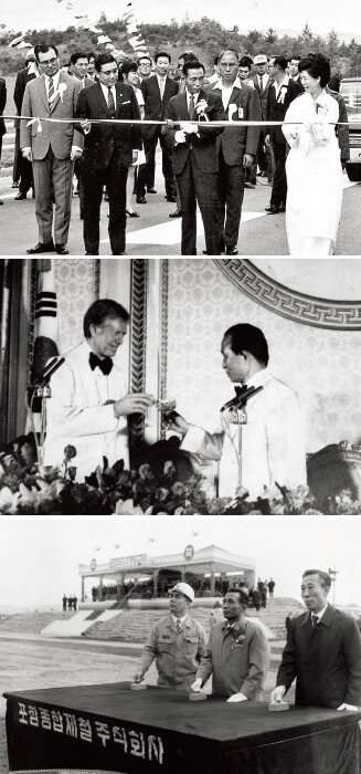1970년 7월 7일 경부고속도로 개통식에서 기념 테이프를 끊고 있는 박정희 전 대통령. 1979년 6월 30일 한국에서 만난 당시 박정희 대통령과 지미 카터 미국 대통령. 1970년 포항제철 착공식(왼쪽부터).[동아DB]