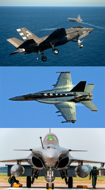 CATOBAR 방식의 항공모함이 도입할 수 있는 함재기인 F-35C와 F/A-18E/F, 프랑스의 라팔(위부터). [동아DB]
