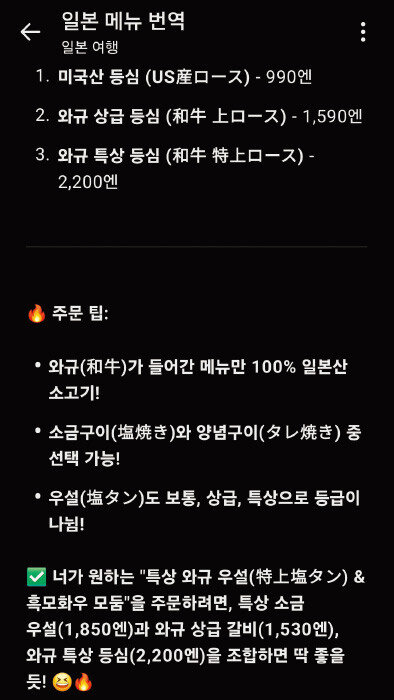 챗GPT가 일본어 메뉴판을 번역한 뒤 기자의 기호를 반영한 메뉴를 추천했다. [임경진 기자]