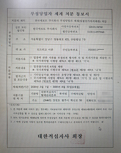 적십자사가 한국애보트에 보낸 제재 처분 통지서.