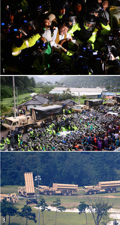 1 주한미군 사드(THAAD·고고도미사일방어체계) 발사대 4기 추가 배치를 앞둔 2017년 9월 7일 경북 성주군 초전면에서 사드 배치를 반대하는 종교 관계자가 경찰에 끌려가고 있다. 2 추가 배치되는 주한미군 사드 발사대가 2017년 9월 7일 오전 경북 성주군 초전면 소성리마을에서 경찰과 주민의 대치 속에 사드기지로 향하고 있다. 3 주한미군 사드 발사대 4기가 2017년 9월 7일 오후 경북 성주군 초전면 사드기지에 도착, 설치 준비 작업을 하고 있다. [뉴시스]