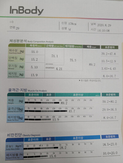 8월 29일 측정한 인바디 결과.