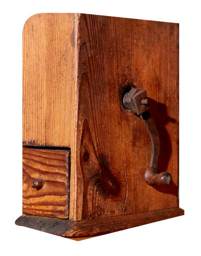 ‘박스 밀(Box mill)’로 불리는 초기 커피분쇄기. 나무로 만들어졌다. 1750년대 제품.