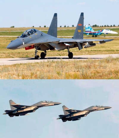 중국 공군이 보유한 플랭커 계열의 대형 복좌 기체인 Su-30MKK(위) 기종과 J-16.  [airliners 홈페이지 제공, 중화인민공화국 국방부 제공]