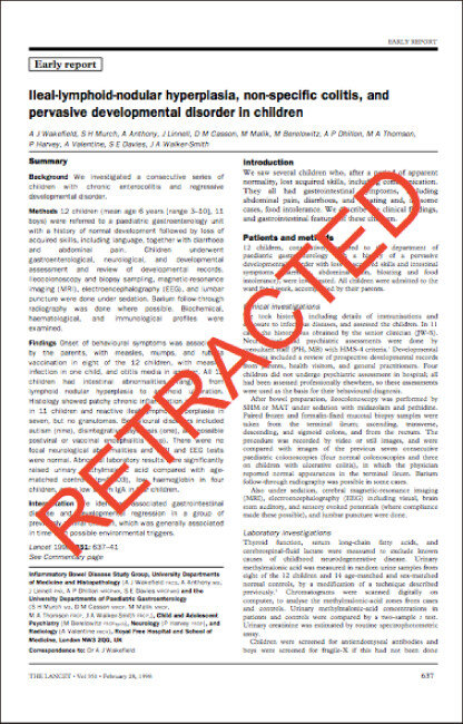 MMR 백신이 자폐증을 유발할 수 있다는 내용의 논문. 1998년 의학저널 ‘랜싯’에 게재됐다가 추후 철회됐다. [사진제공·랜싯]