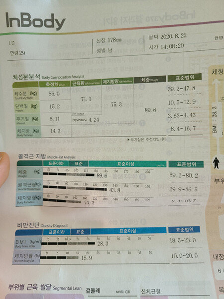 8월 22일 측정한 인바디 결과.
