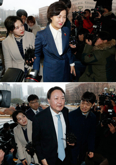 추미애 법무부 장관과  
윤석열 검찰총장이 
1월 7일 오후 정부과천청사 
법무부로 들어서고 있다. 
추 장관은 검찰 고위간부 
인사 단행을 앞두고 이날 오후 윤석열(아래 사진) 검찰총장과 비공개 면담을 할 예정이었다. [뉴스1]