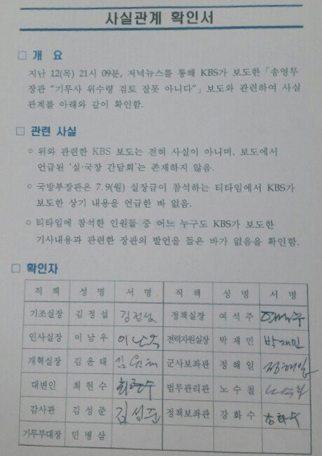 “송영무 국방장관이 ‘국군기무사령부의 문건은 법적 문제가 없다’고 말했다”는 주장이 공개되자 국방부가 “관련한 장관의 발언을 들은 바가 없다”는 취지로 작성한 사실관계 확인서. 그러나 이 문서에서 민병삼 기무부대장의 서명이 빠져 있다. 민 부대장은 “위증교사가 될 수 있다”며 서명하지 않은 것으로 알려졌다. [동아DB]